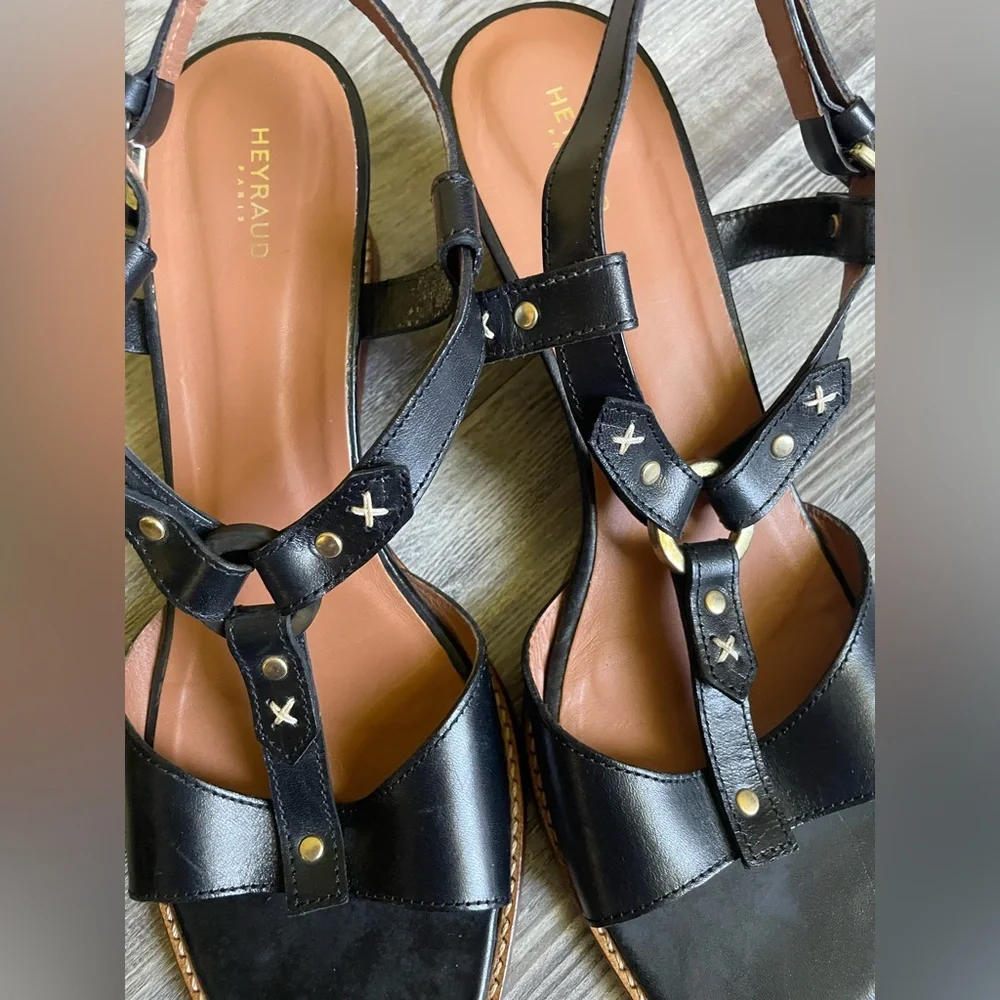 Heyraud Paris Black Leather Women's Sandals